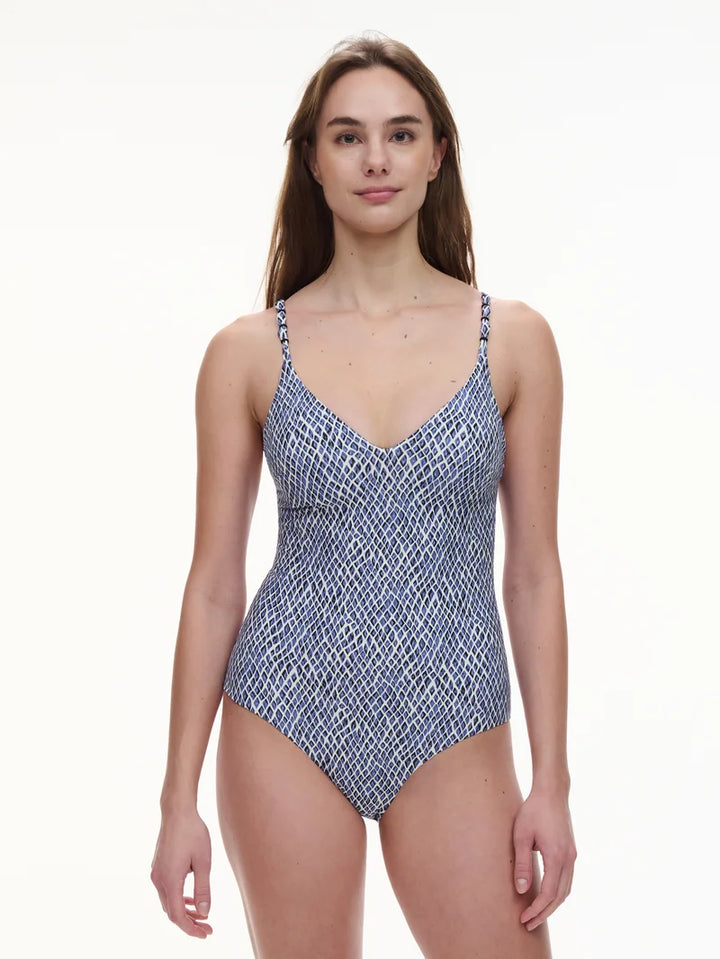 Femilet Swimwear - Tidra Wirefree Plunge T-Shirt Swimsuit Blue Reptile