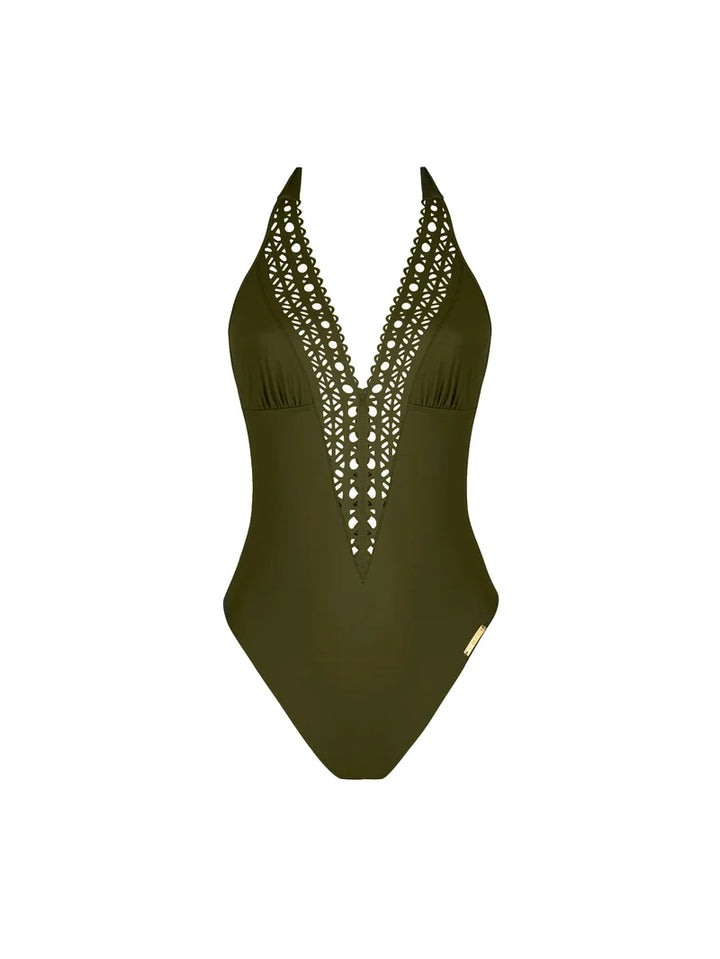 Lise Charmel Swimwear - Ajourage Couture Plunging Back And Front Halter Swimsuit Ajourage Avocat