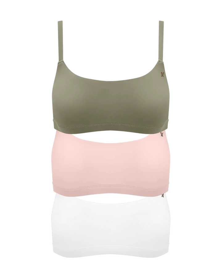 Nudea - Stretch Scoop Neck Bralette Bundle 3 Pack Pink/White/Sage