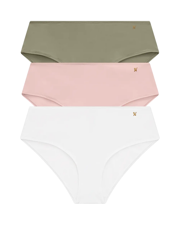 Nudea - Stretch Mid Rise Bikini Brief Bundle 3 Pack Pink/White/Sage