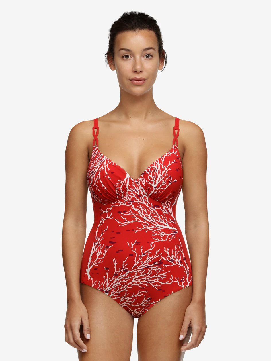 Costume da bagno con ferretto Chantelle Atlantis Plunge - Costume da bagno con scollo profondo corallo rosso Chantelle Swim
